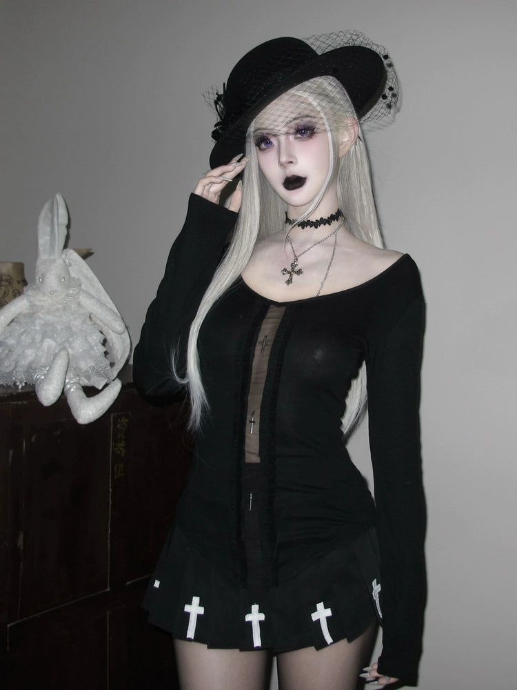 Hell Crack Gothic Cross Mesh Hollow V-neck Long Sleeve Knitted