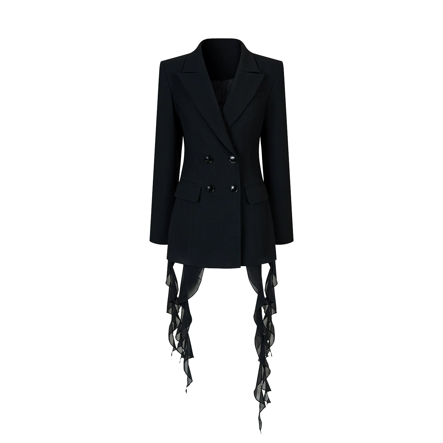Layered black suit jacket with fungus edge
