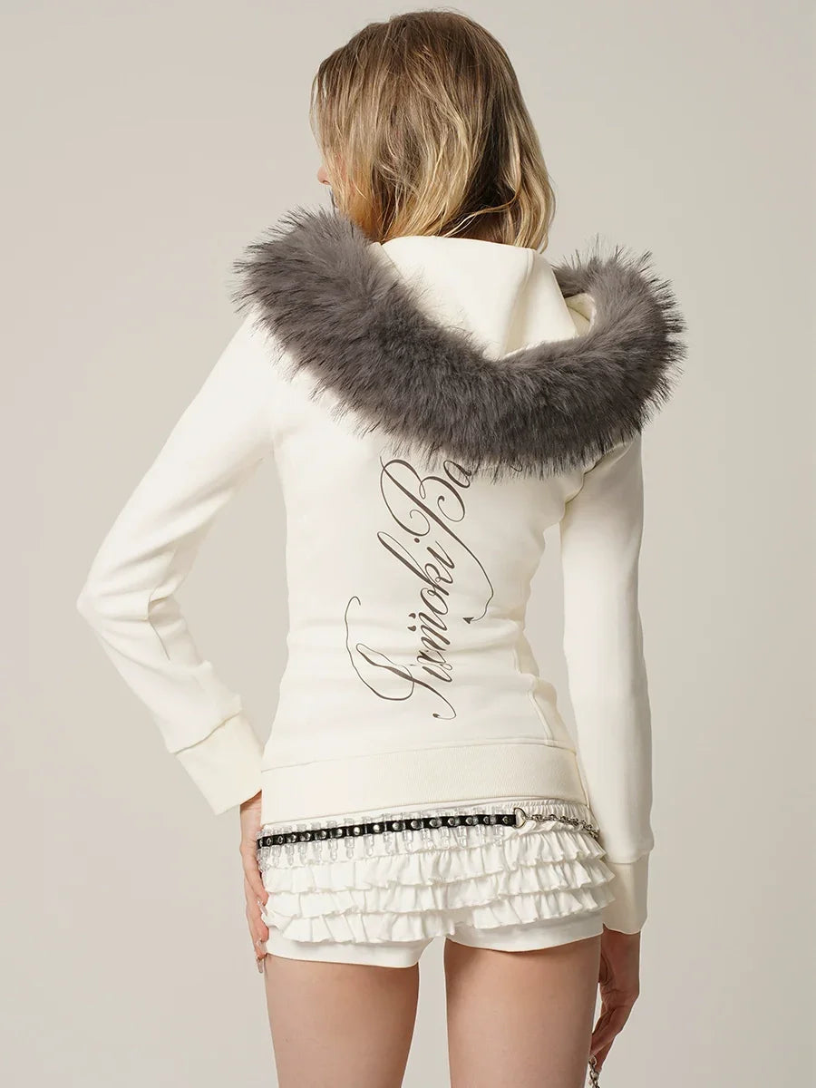Black and white hoodie jacket with detachable fur collar