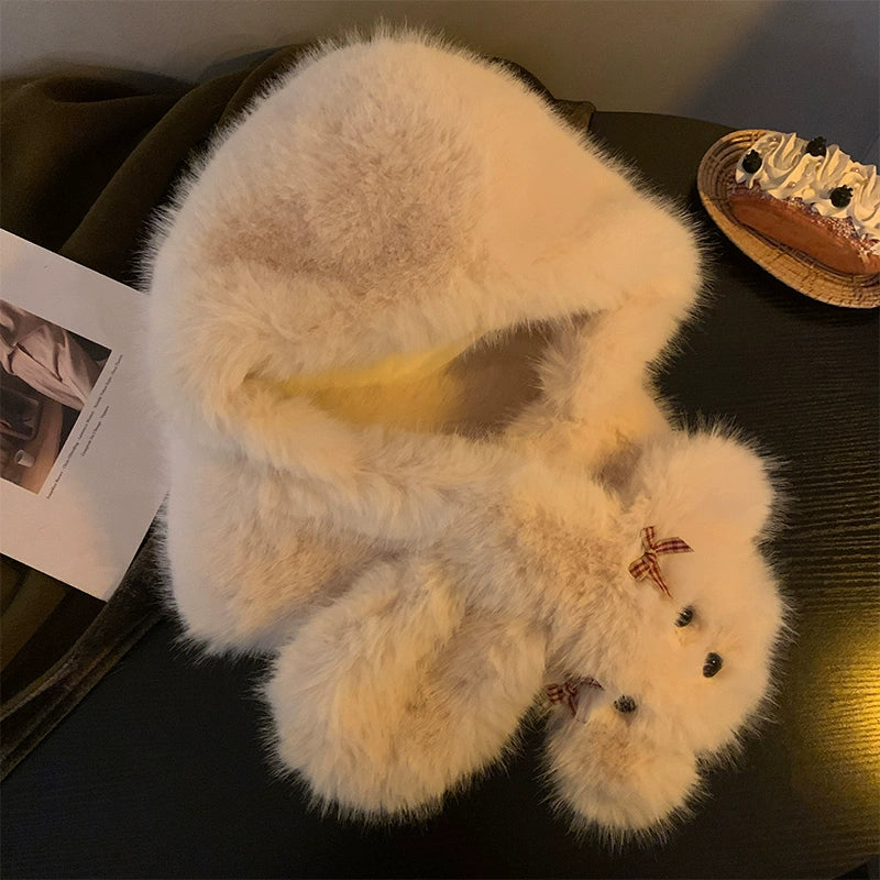 Cute bow dog plush hat scarf in one