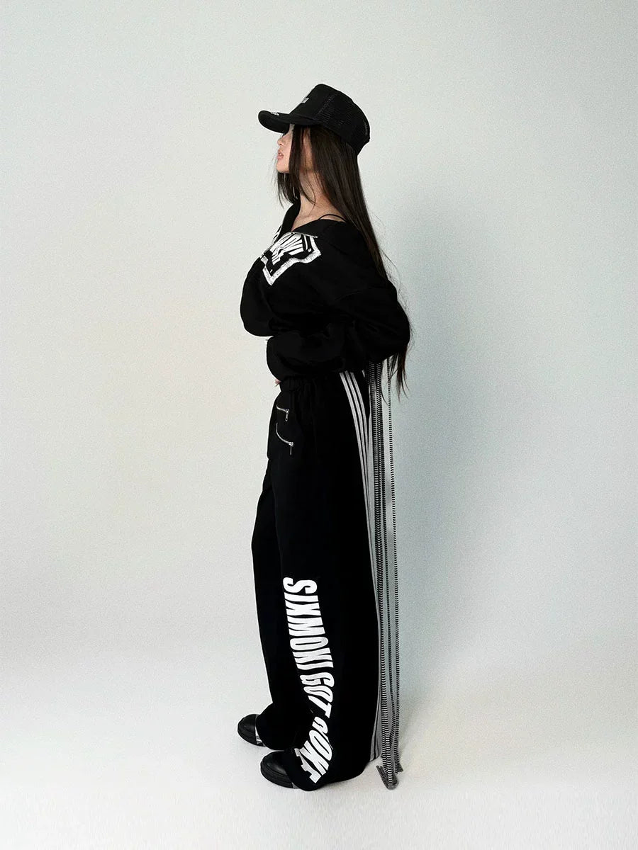 Street black and white striped fringe hoodie