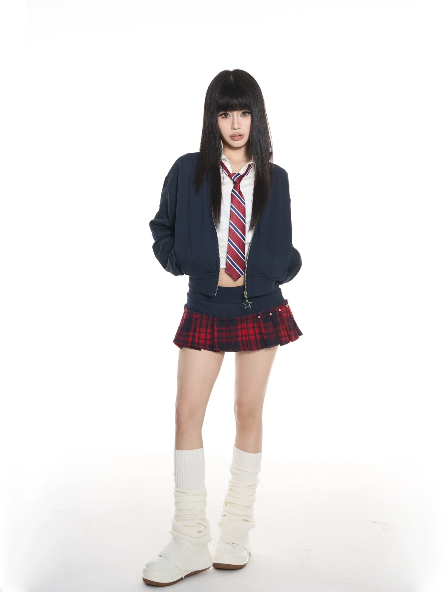 Sweater threaded red plaid gray plaid skirt