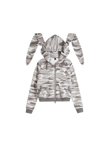 Camouflage rabbit hooded drawstring hoodie plush shorts set