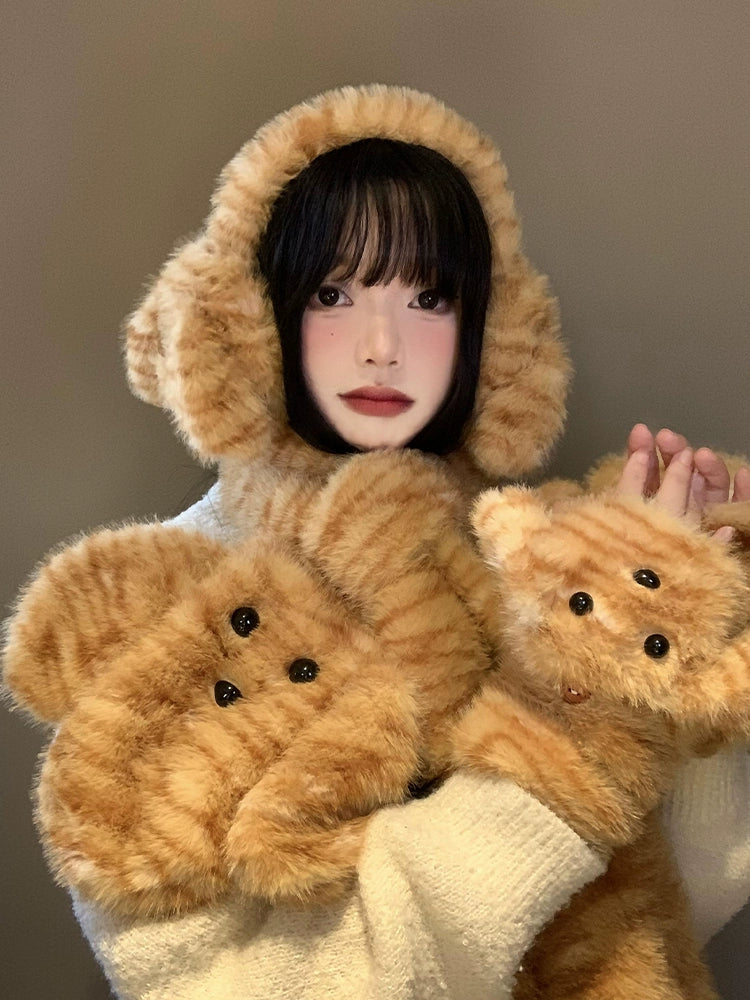 Cute tiger patterned dog scarf, earmuffs, gloves, three piece set