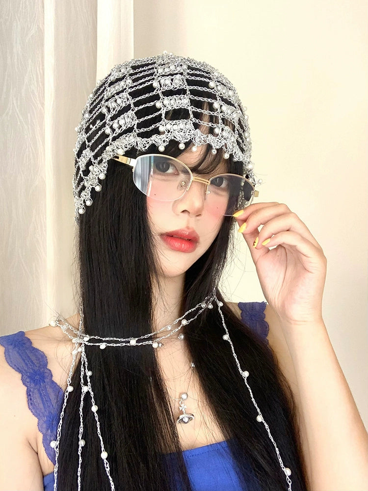 Handmade metal chain pearl hollow hat