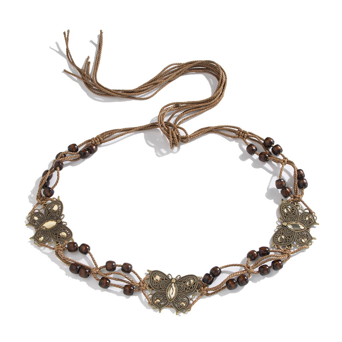 Bohemian ethnic style butterfly wood bead wax rope hand woven belt