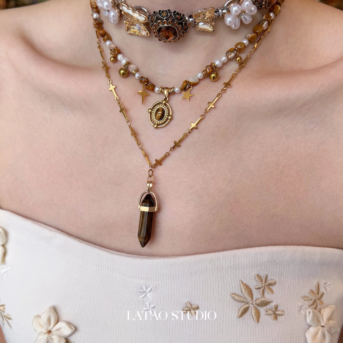 Late Autumn Brown Tiger Eye Flower Pearl Vintage Beaded Necklace