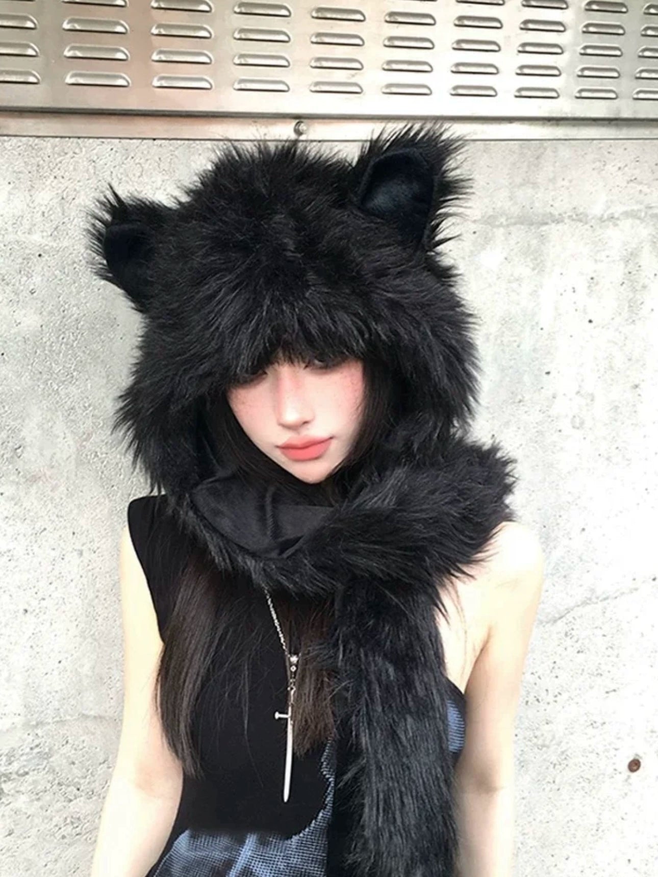 Plush hat faux fur scarf, gloves in one