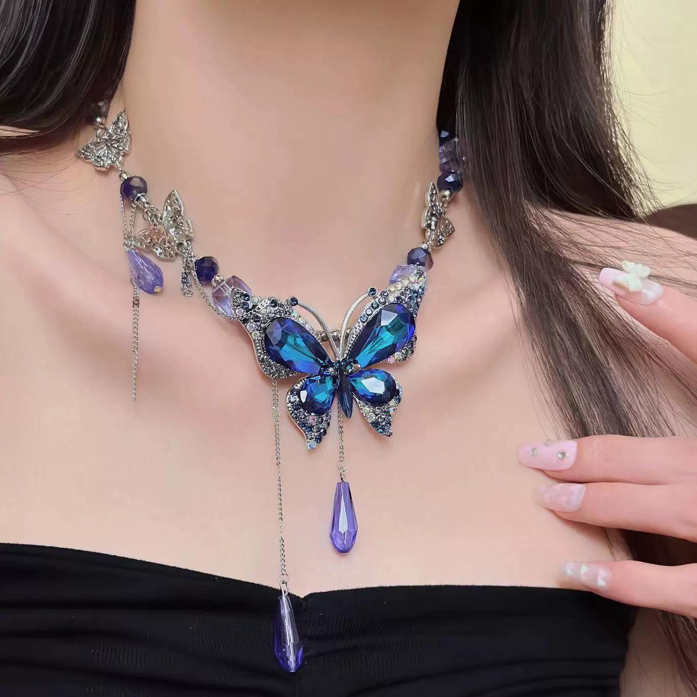 Y2K Blue Purple Sparkling Zircon Butterfly Necklace