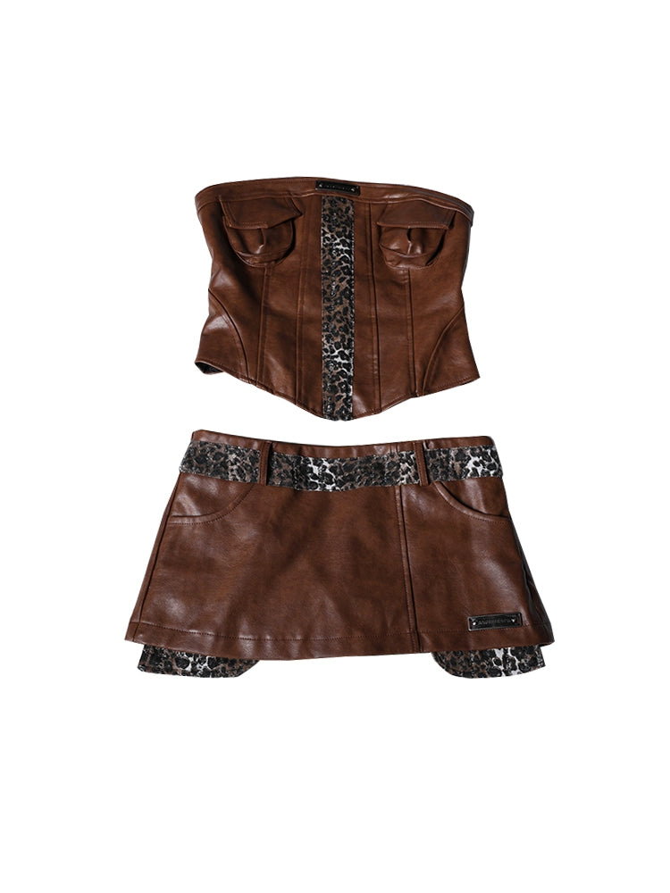 Leopard print tube top leather mini skirt set