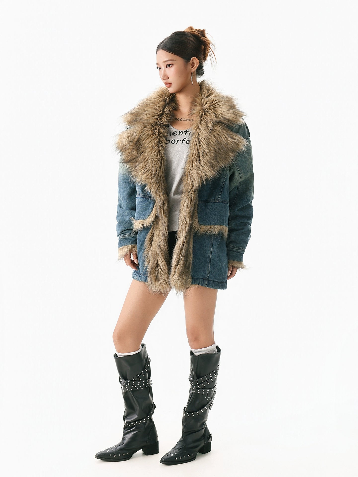 Retro fur collar denim cotton jacket