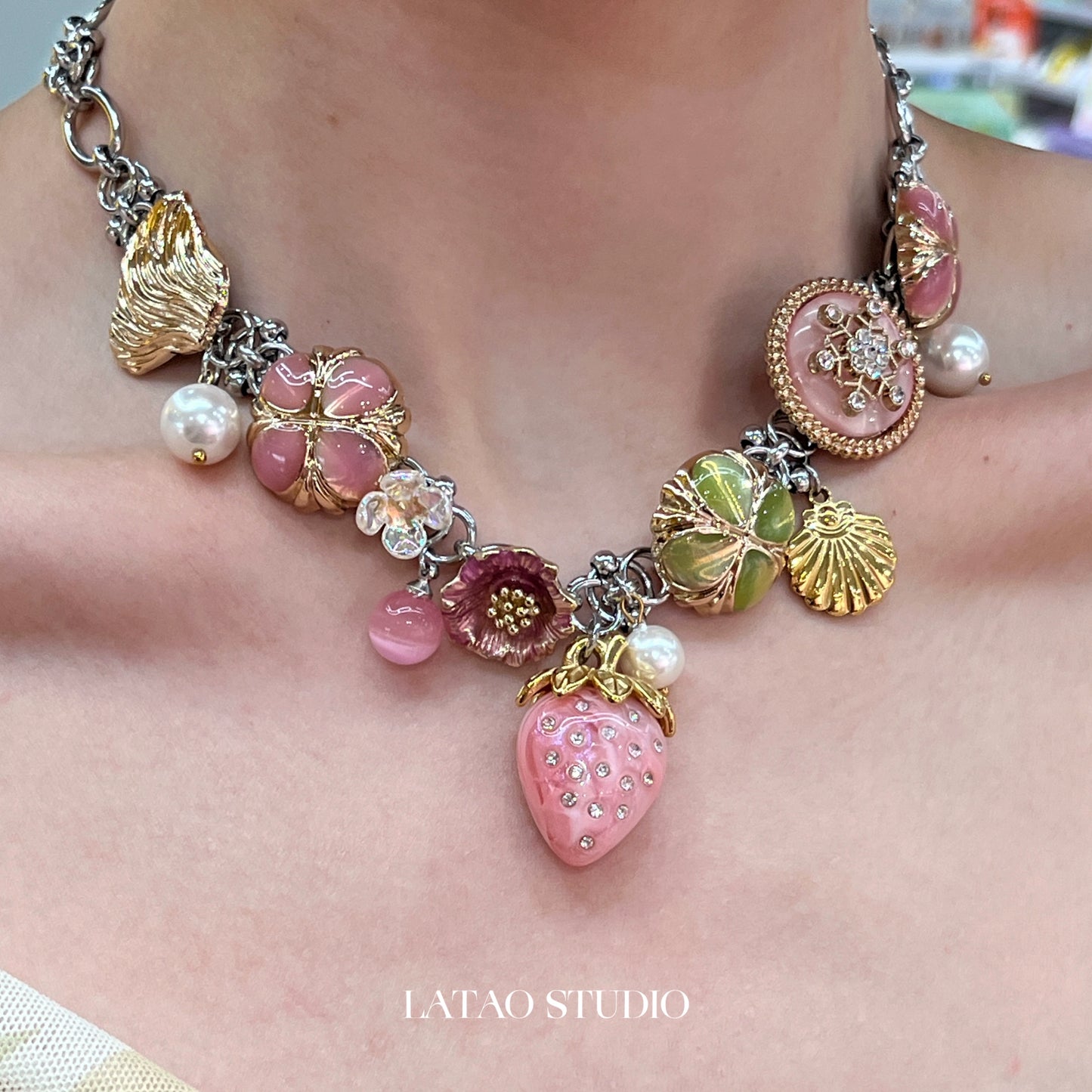 JUICY Pink Strawberry Flower Sea Pearl Colored Titanium Steel Necklace