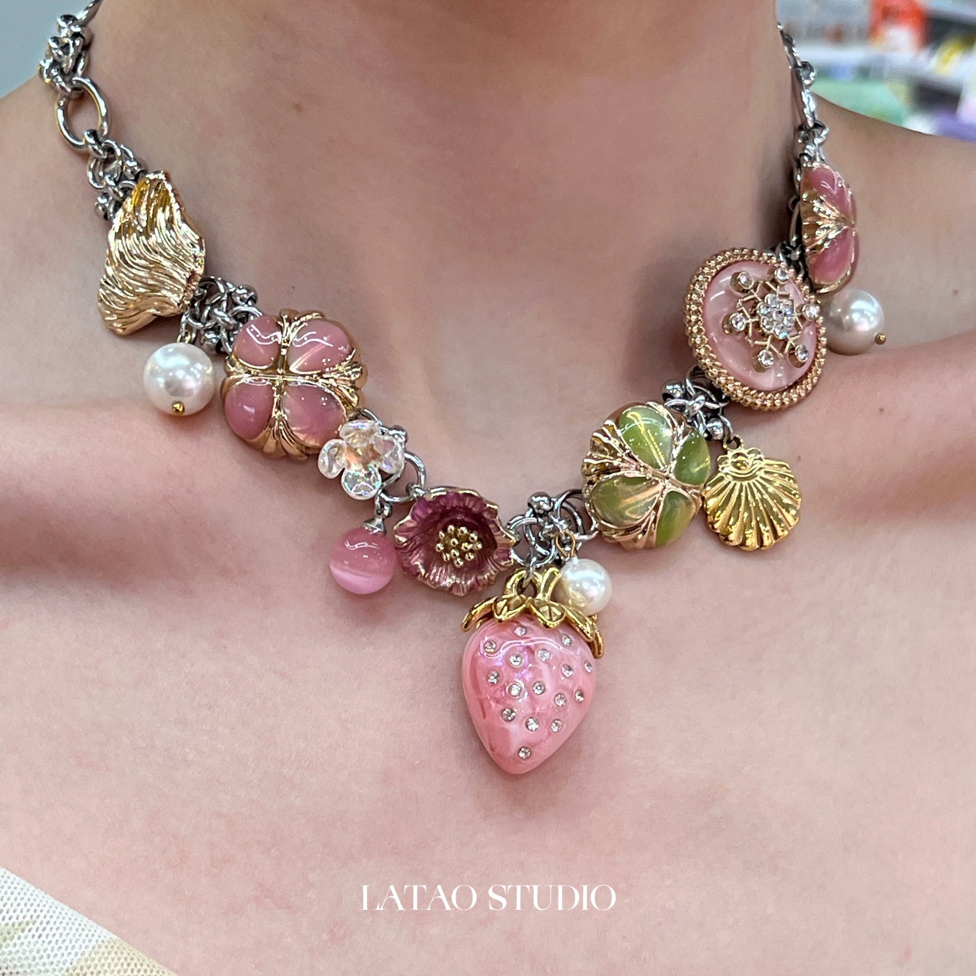 JUICY Pink Strawberry Flower Sea Pearl Colored Titanium Steel Necklace