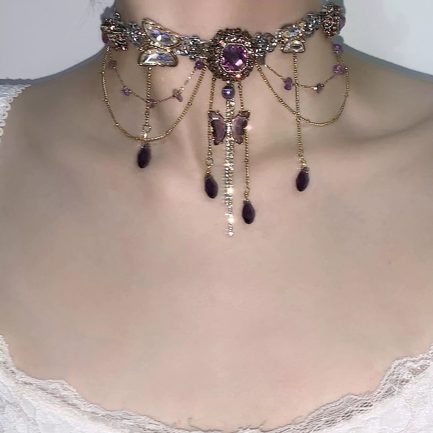 Tea Break Ball "Amethyst Retro Butterfly Tassel Titanium Steel Necklace Choker