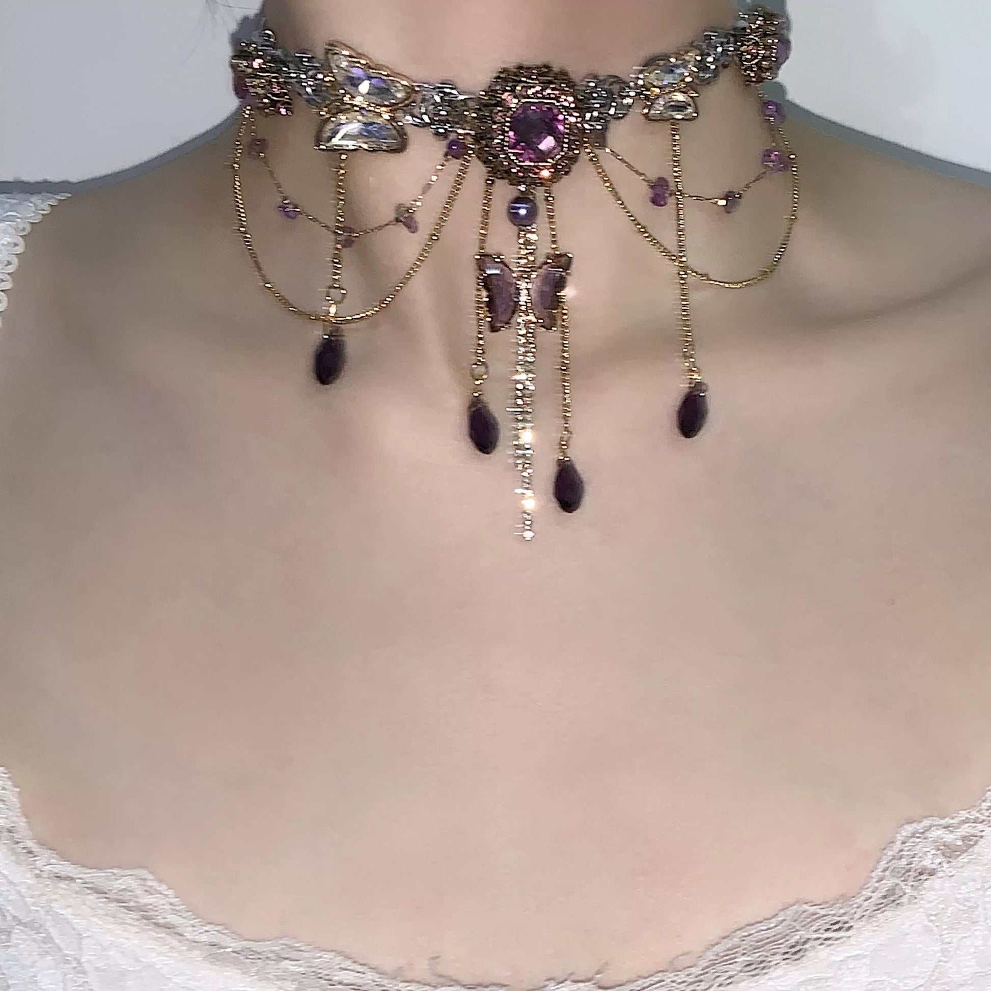 Tea Break Ball "Amethyst Retro Butterfly Tassel Titanium Steel Necklace Choker