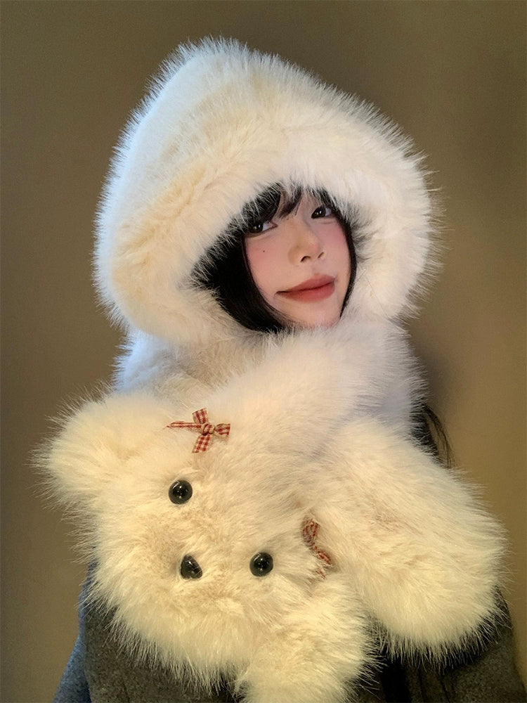 Cute bow dog plush hat scarf in one