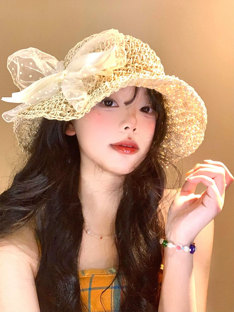 Bow lace straw hat