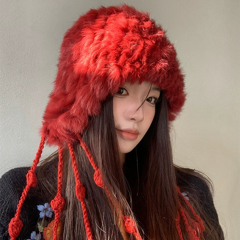 Red rabbit fur knitted plush hat