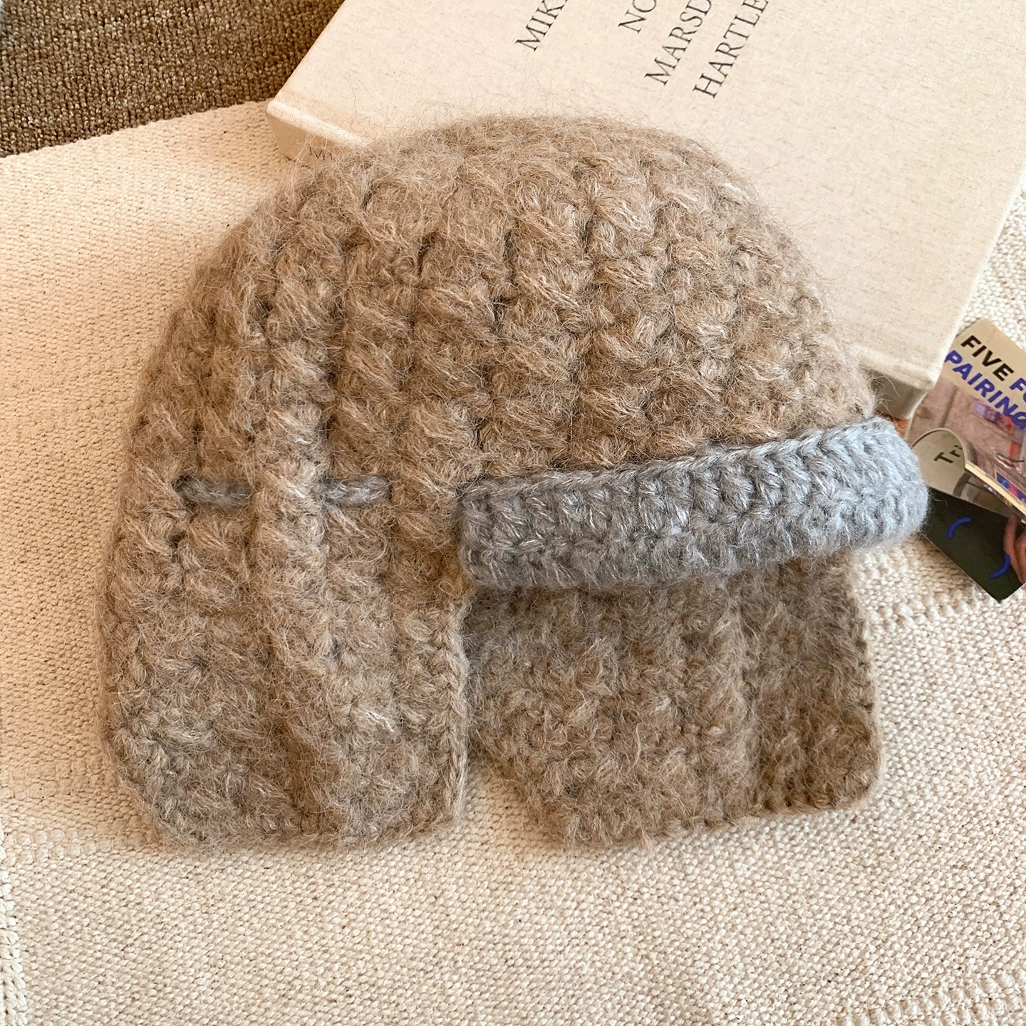 Pink plush knitted ear protection cap