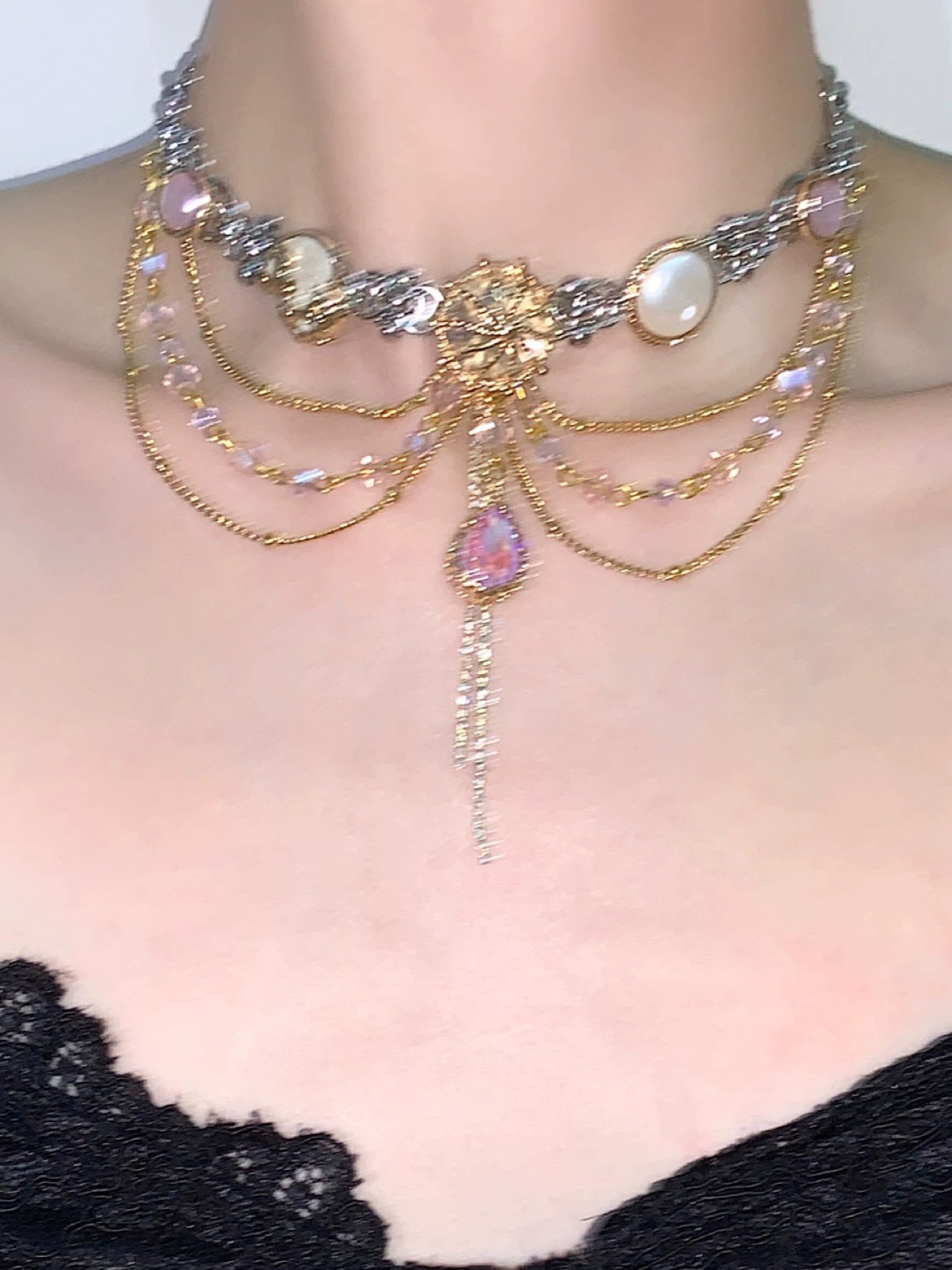 Mermaid Tears "Retro Pink Purple Heavy Industry Tassel Water Drop Titanium Steel Button Choker Necklace