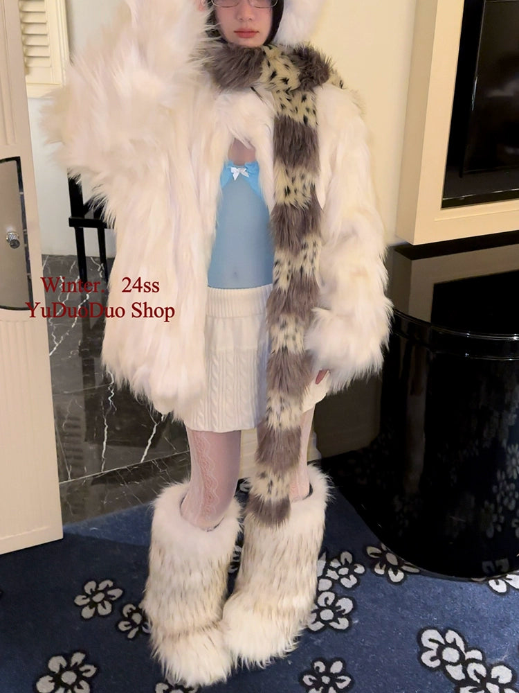 Splicing faux fur leopard print long thin scarf