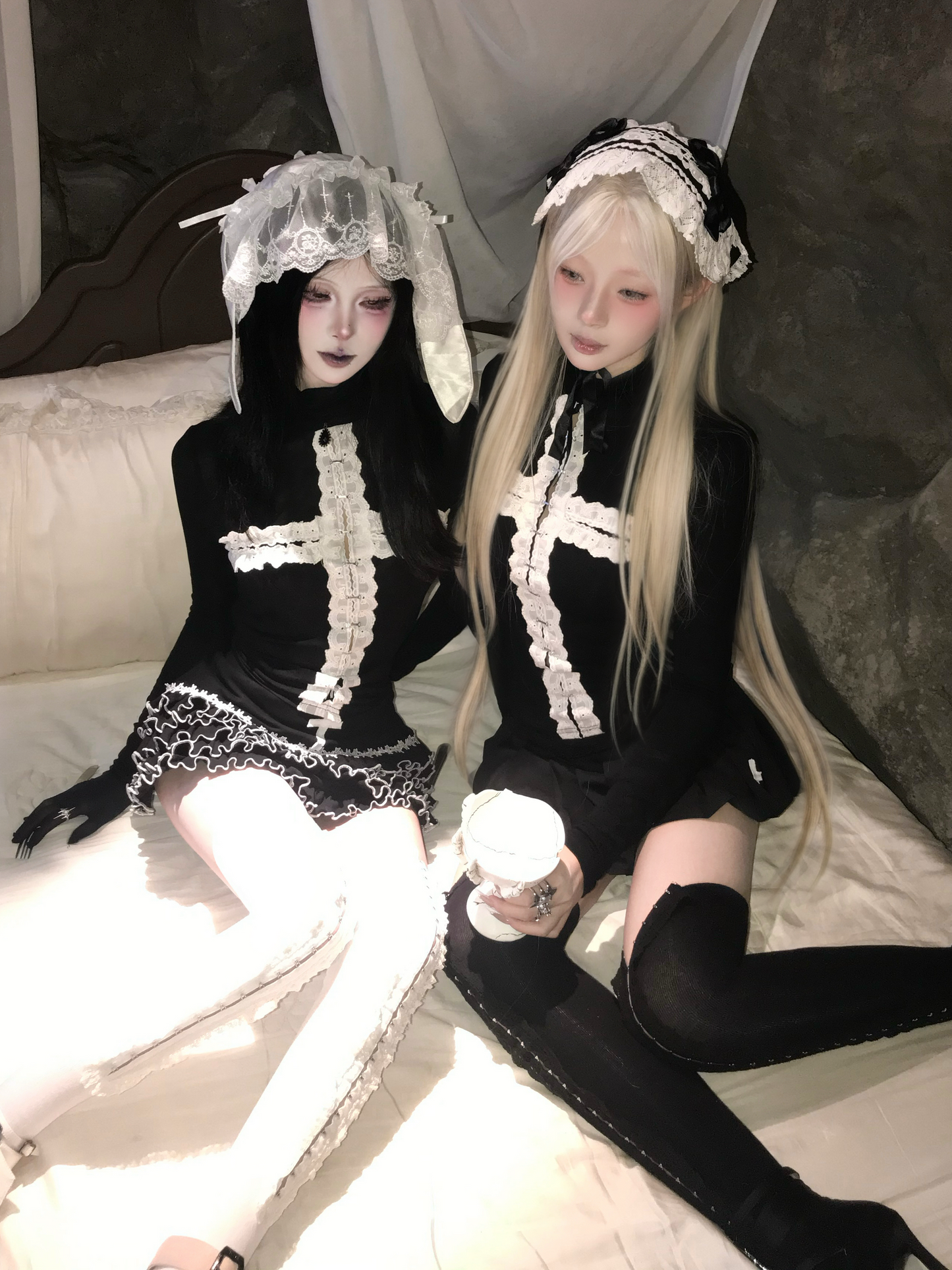 Gothic lace patchwork cross long sleeved shirt