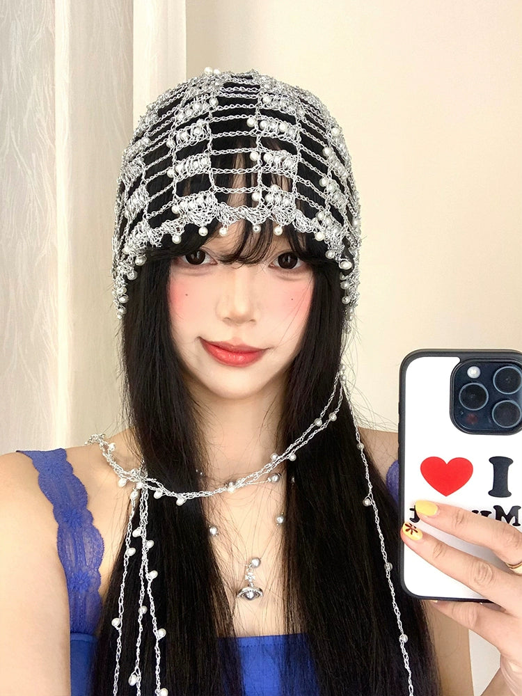 Handmade metal chain pearl hollow hat