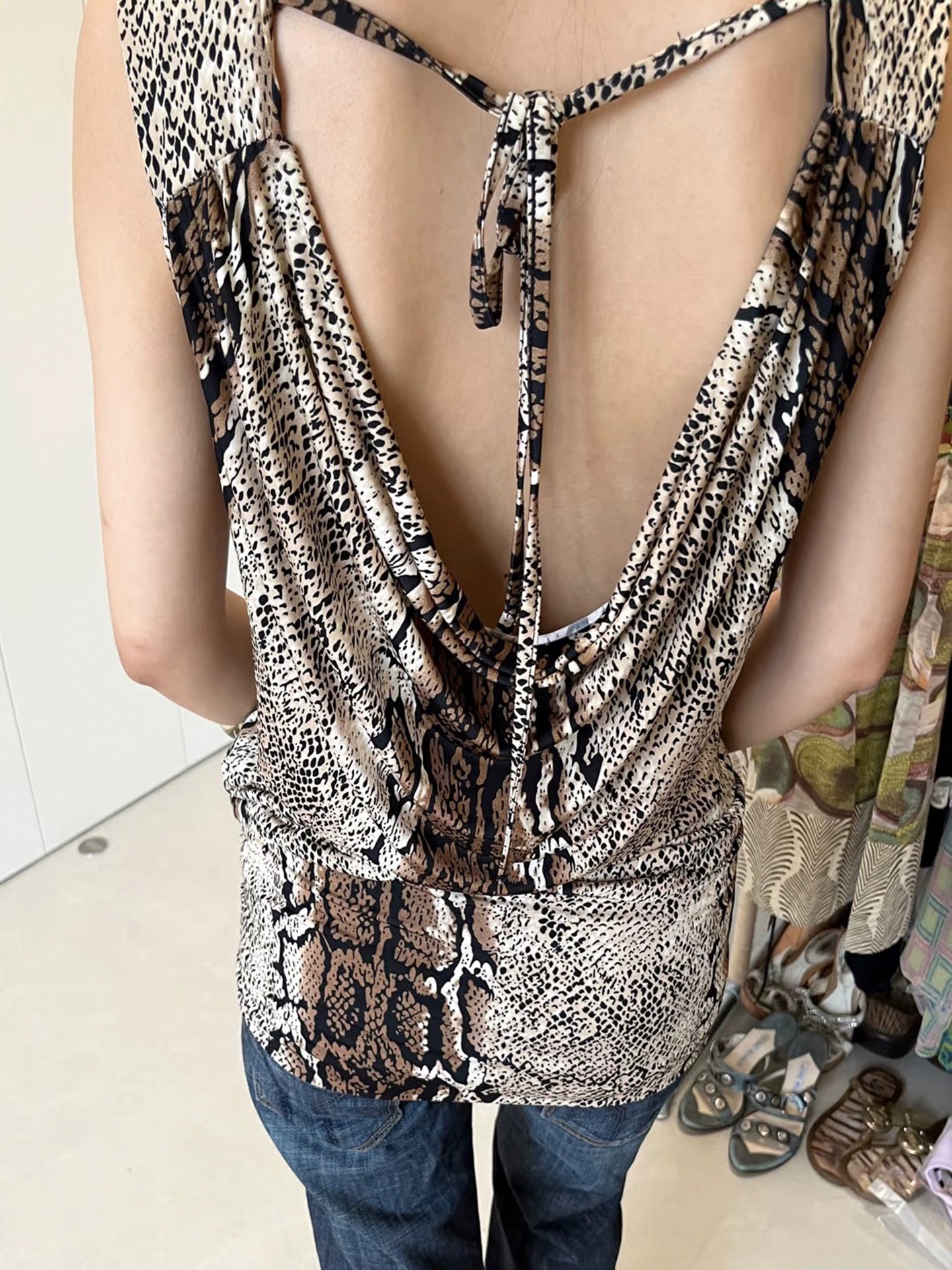 Leopard print patchwork swing neck vest dress