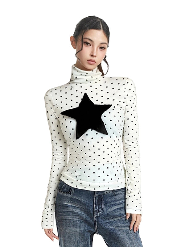 High neck polka dot heart-shaped long sleeved Top