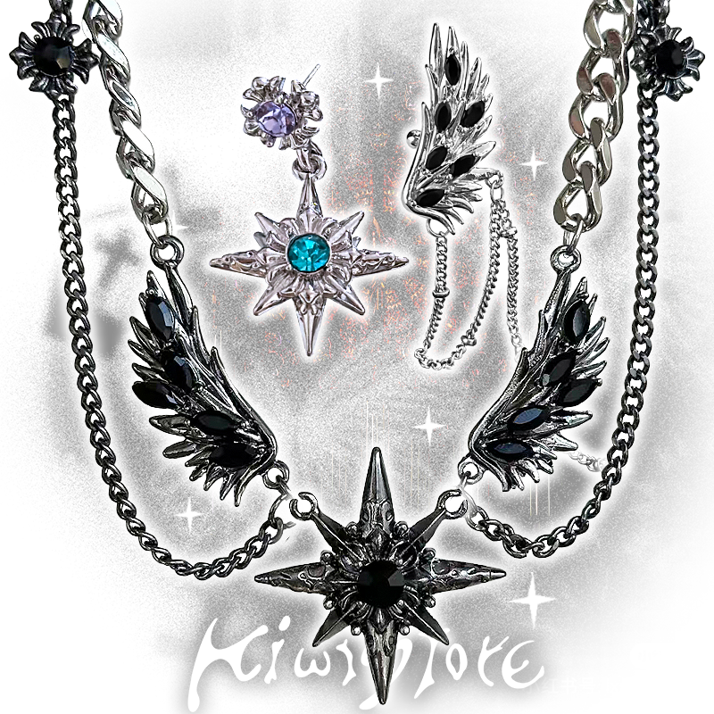 Black winged starry necklace earrings