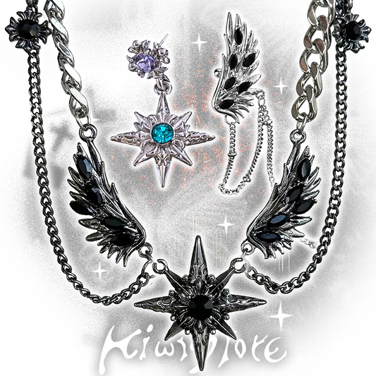 Black winged starry necklace earrings