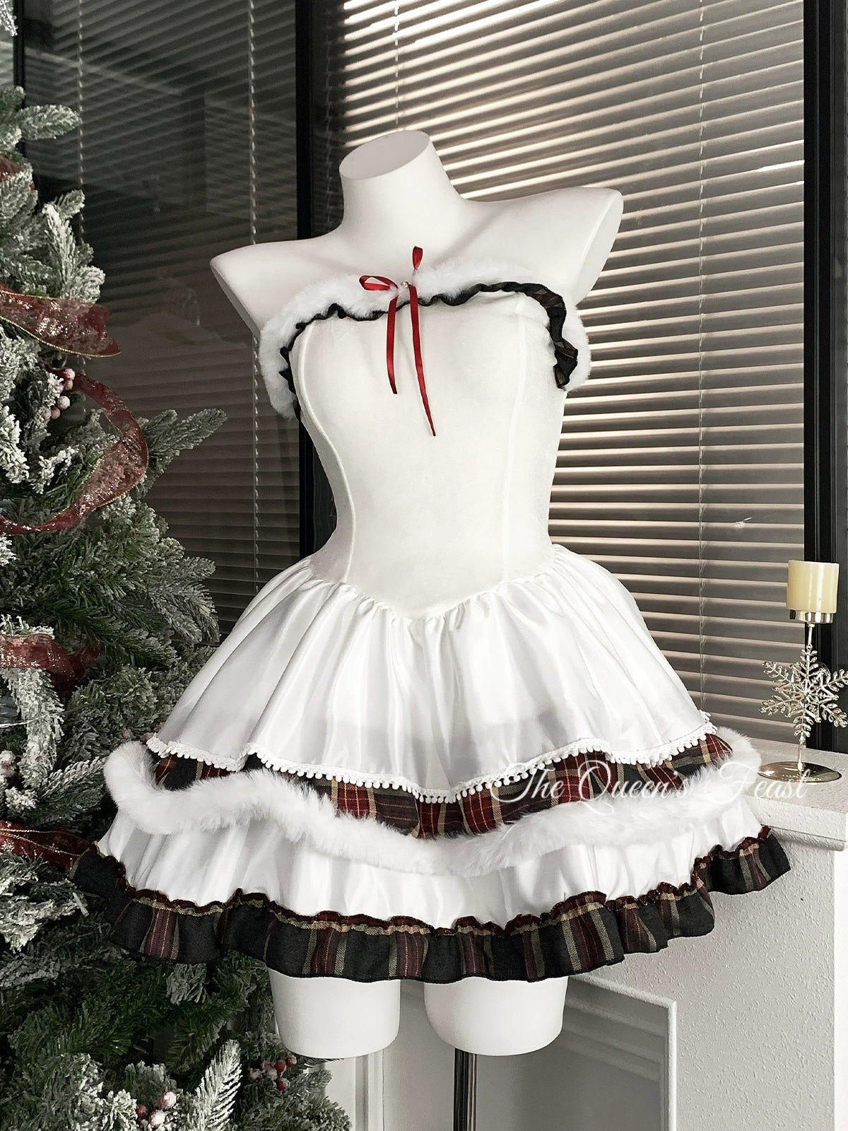 White velvet strapless Christmas dress