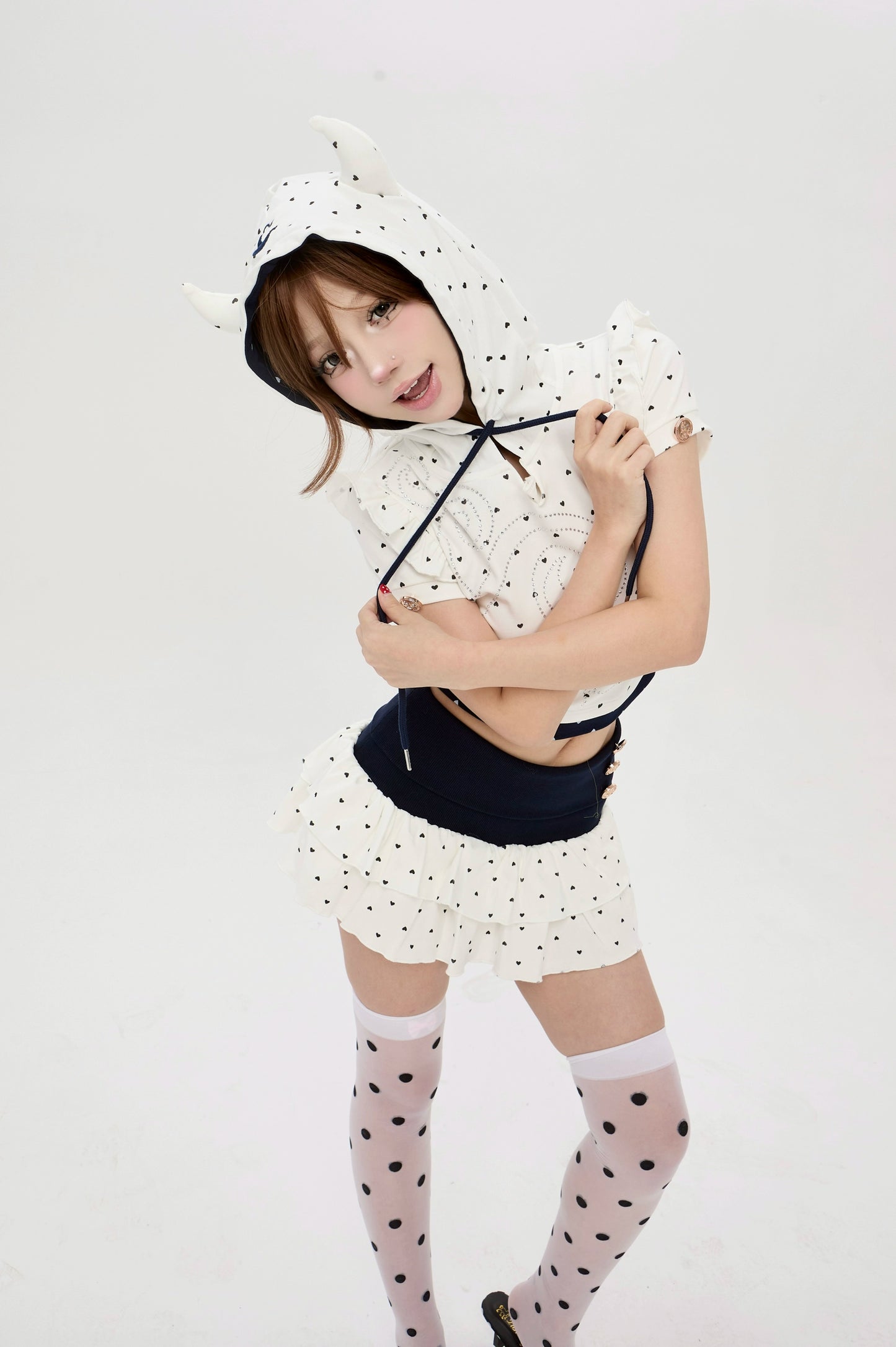 two little devil love print puff sleeve short skirt set