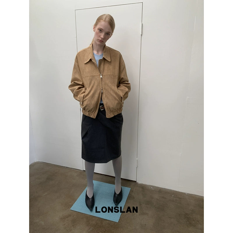 Flip collar zipper suede short jacket