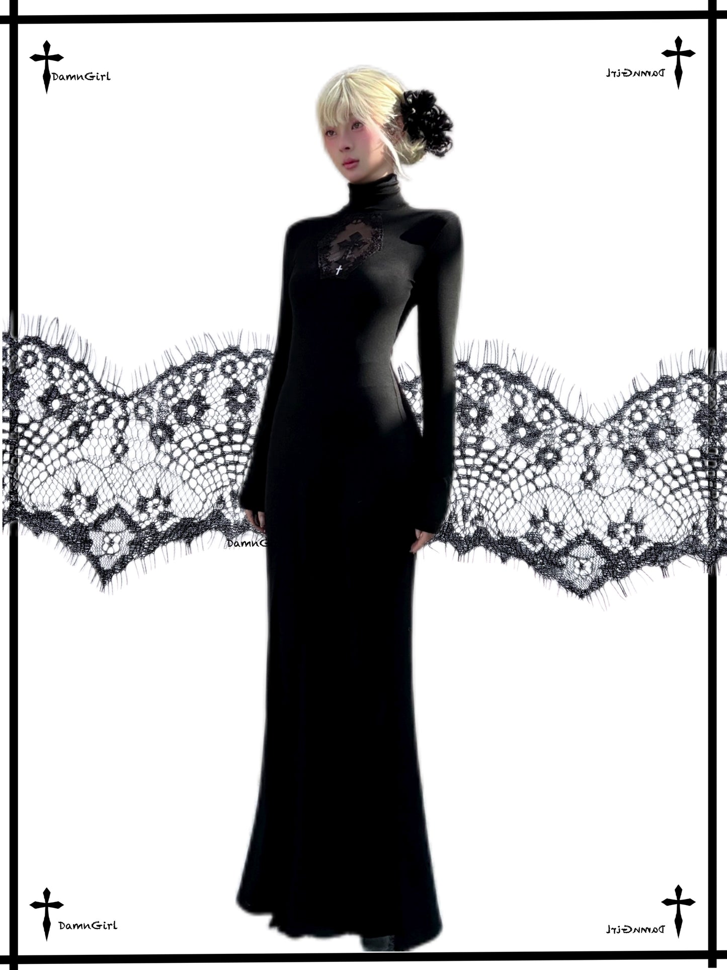 Dark cross fish tail long skirt Gothic mesh hollow dress