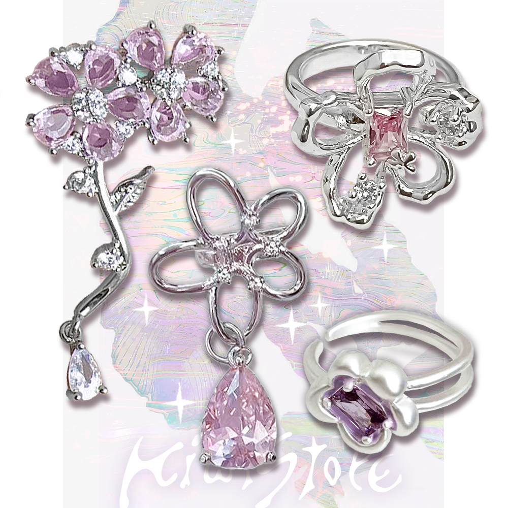 Pink zircon flower ear clip ring