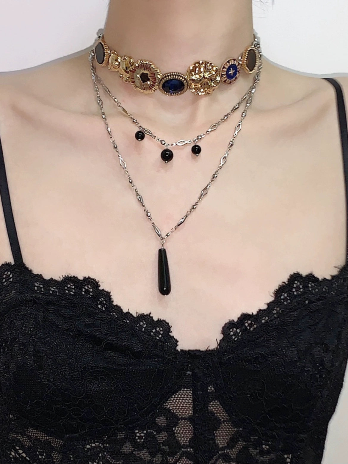 Tarot Master Blue Gold Black Agate Titanium Steel Necklace Choker