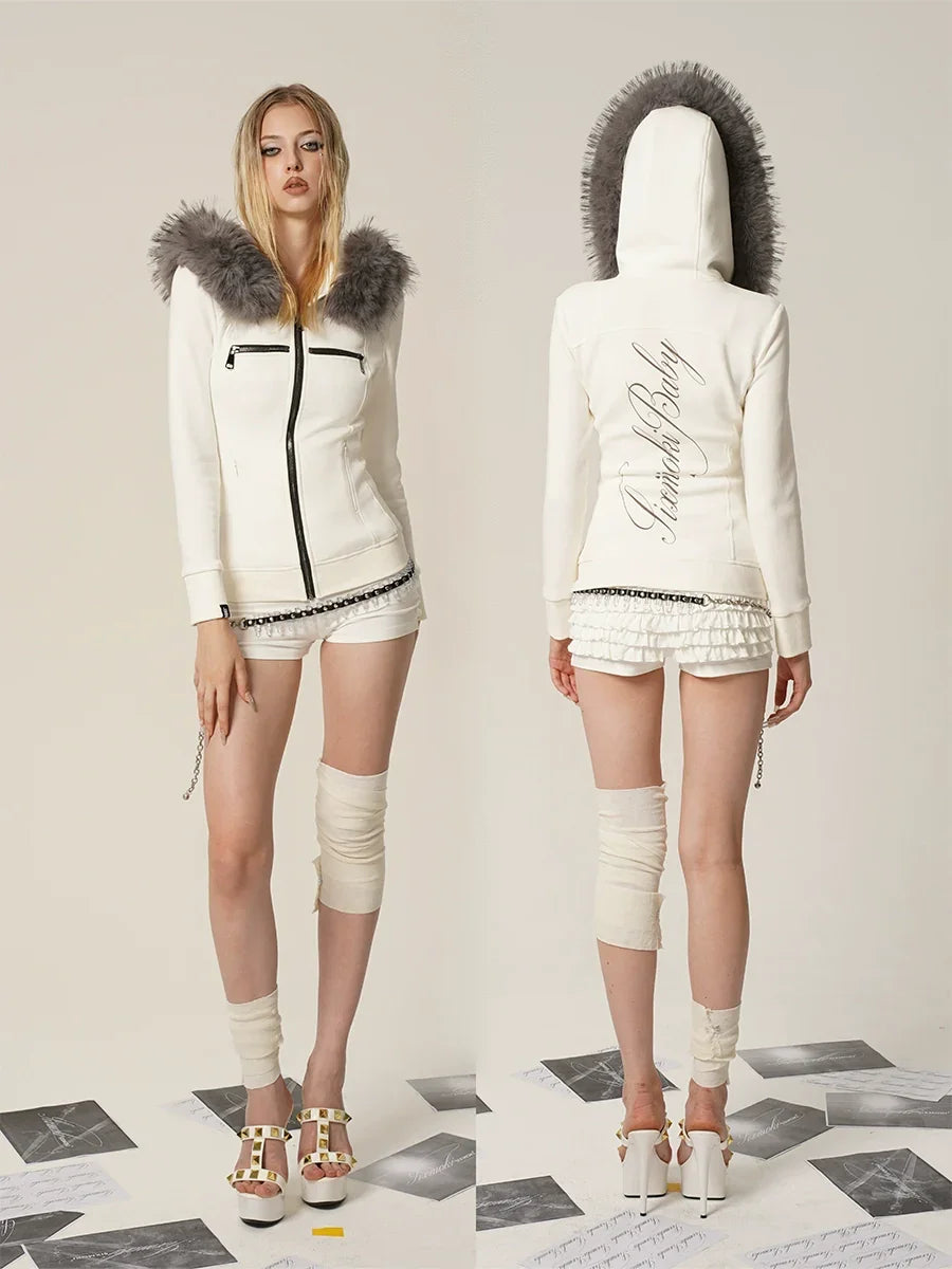 Black and white hoodie jacket with detachable fur collar
