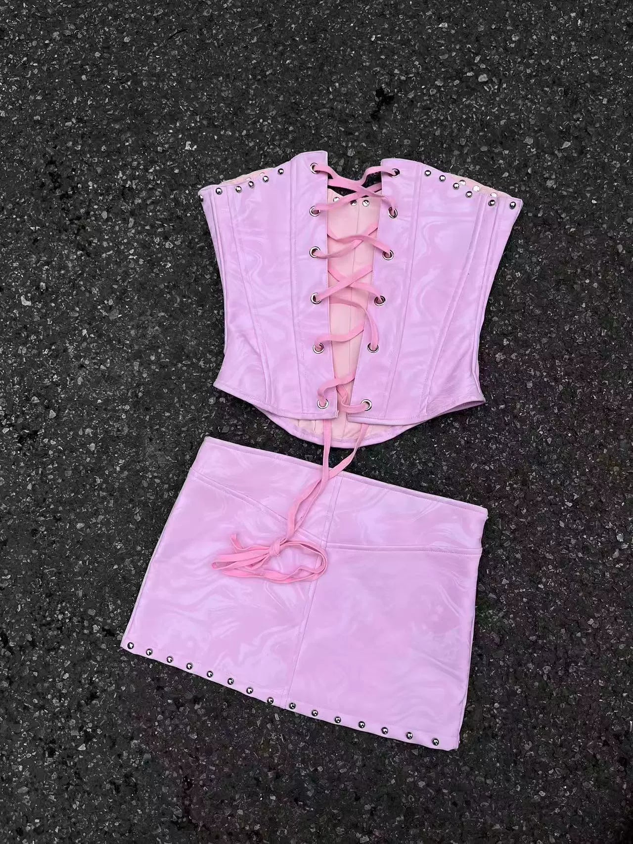 Rivet pink fishbone corset mini skirt set