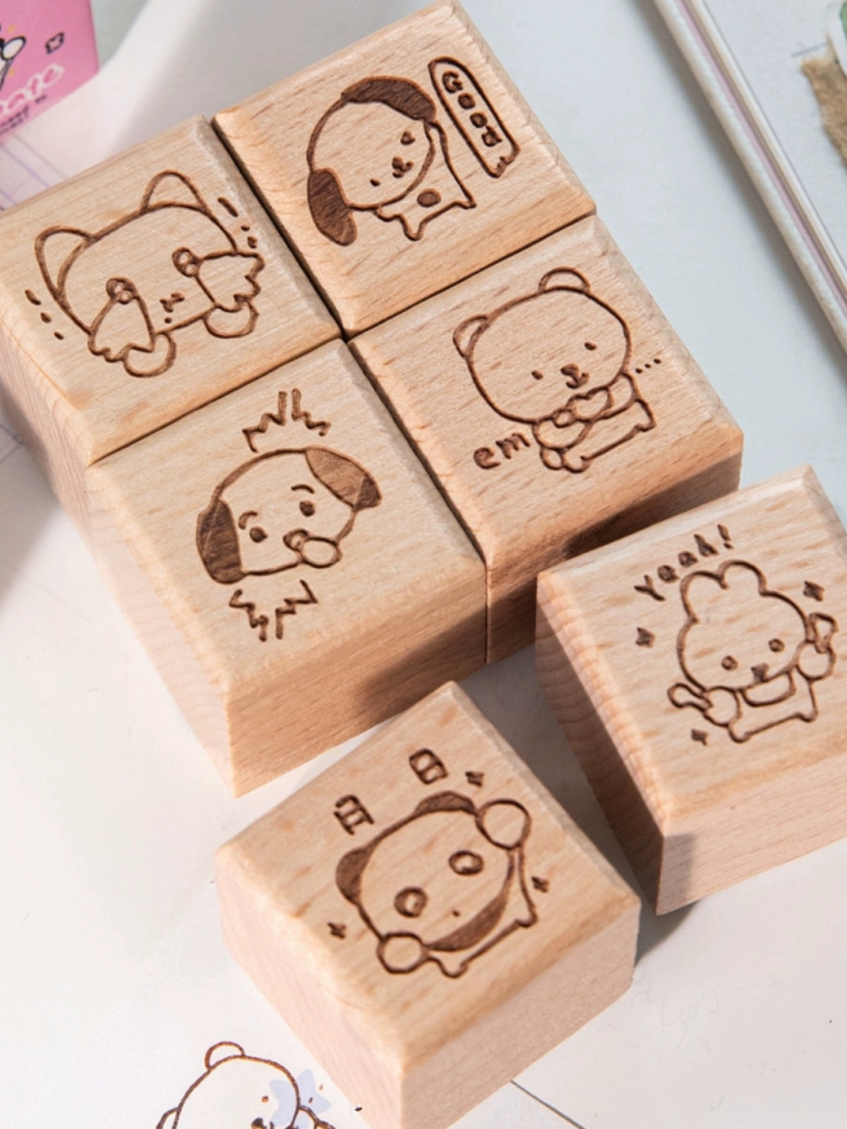 Cute cat and puppy wooden stamp