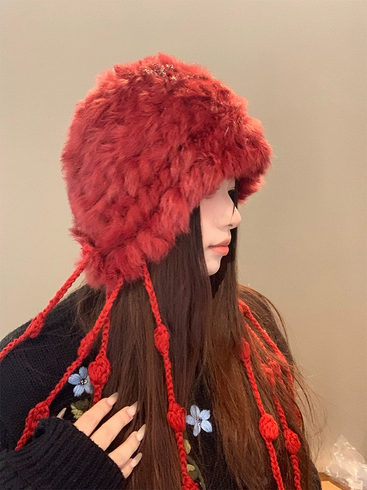 Red rabbit fur knitted plush hat