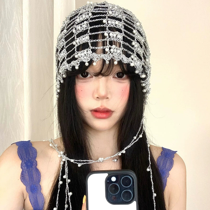 Handmade metal chain pearl hollow hat