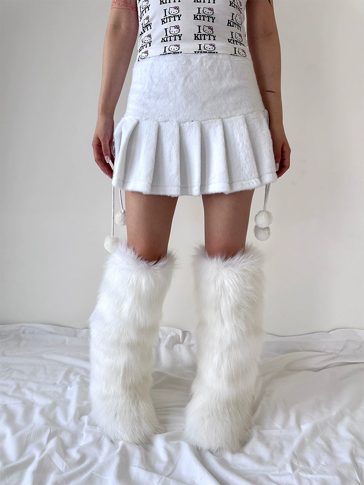 faux fur kitty white plush mini Skirt