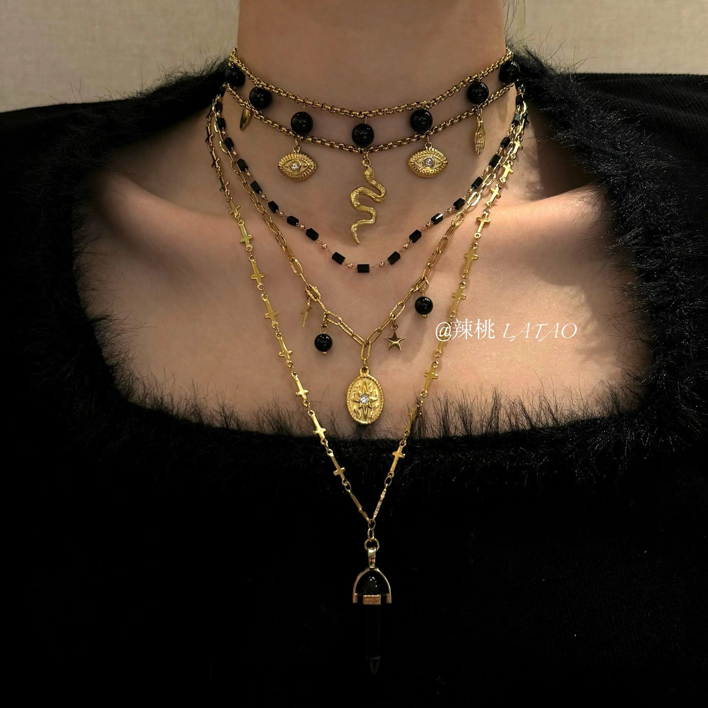 Midnight Sniper Black Gold Medusa Snake Titanium Steel Agate Necklace