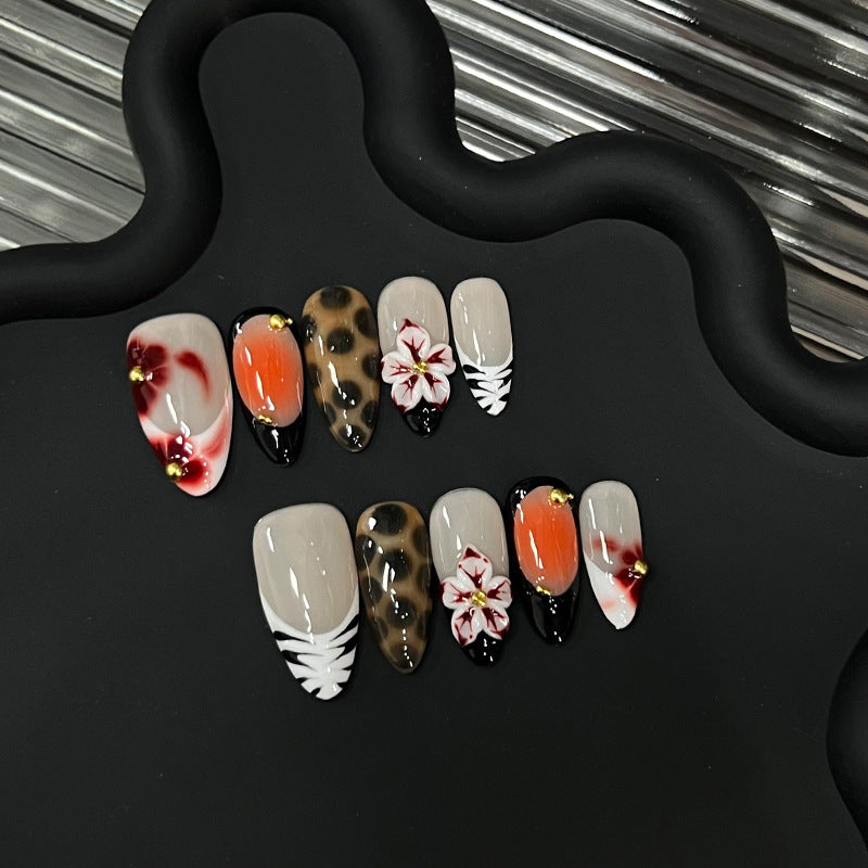 Leopard Gradient French Carving Bright 3D Flower Wearing Armor