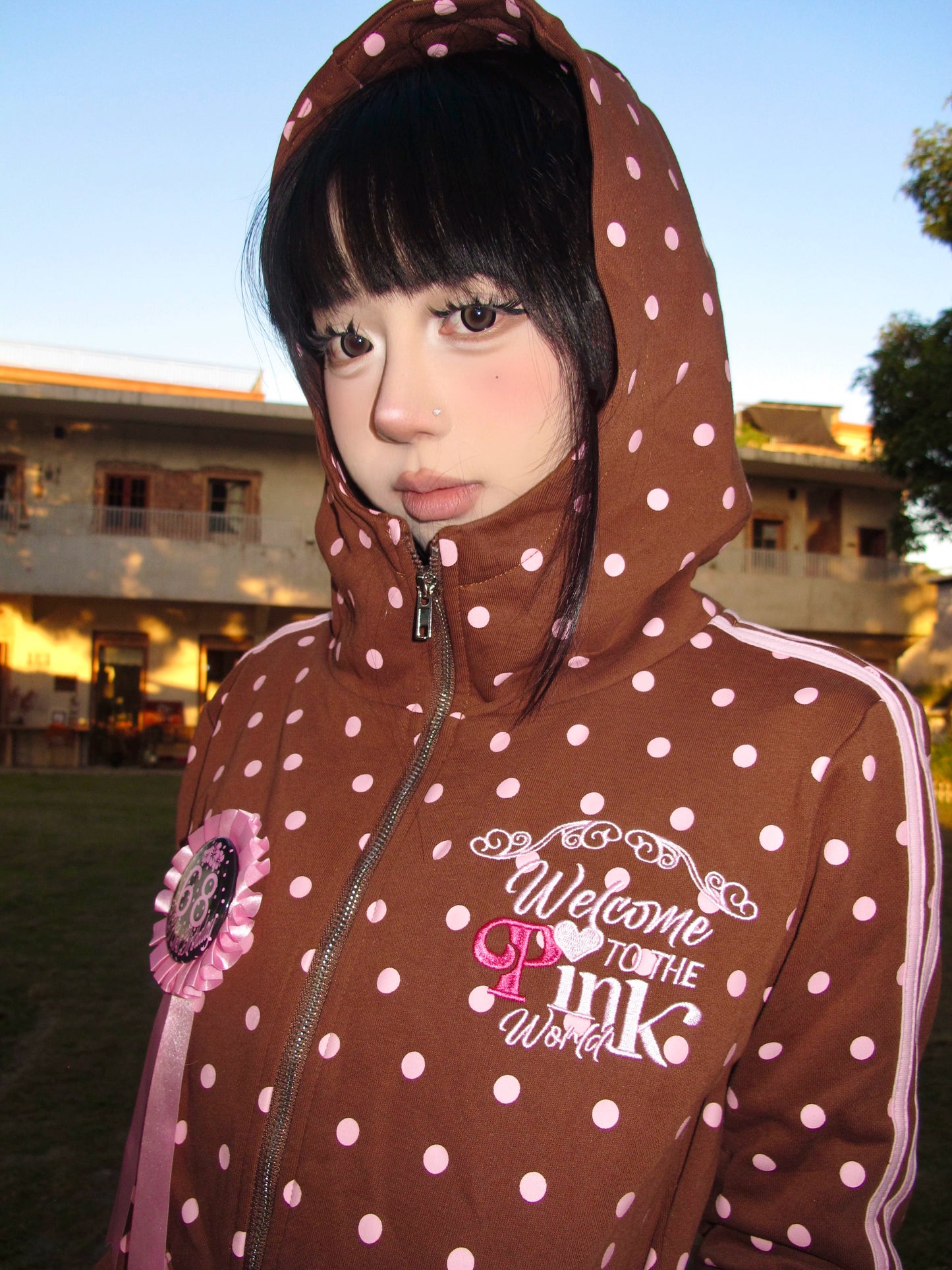 Pink polka dot Y2K brown sports set