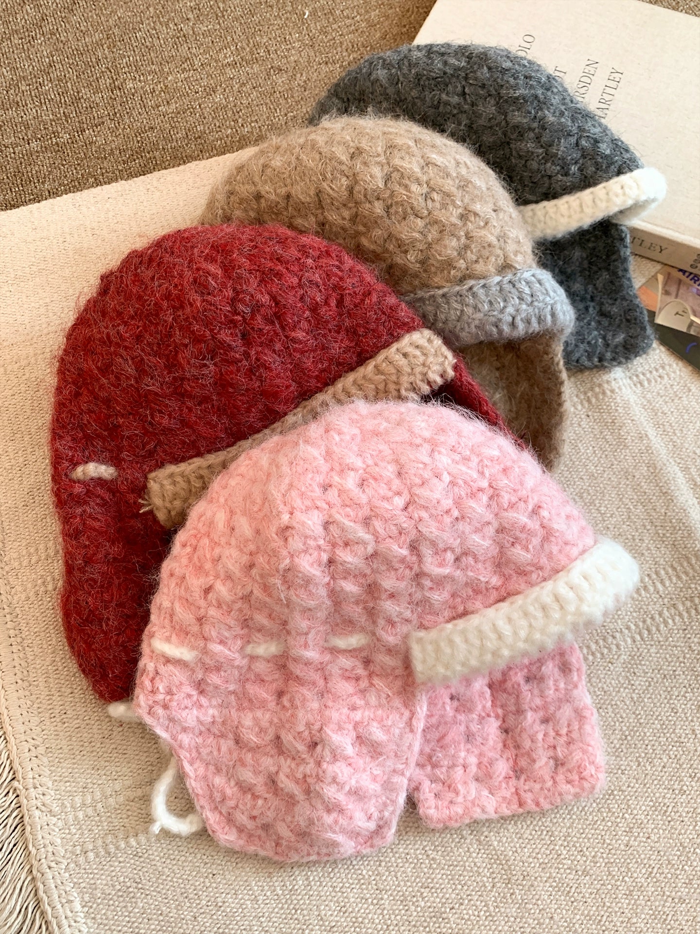 Pink plush knitted ear protection cap