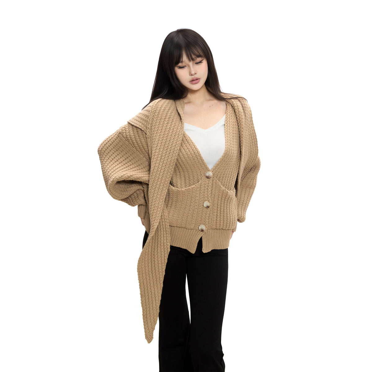 Shawl knitted sweater coat