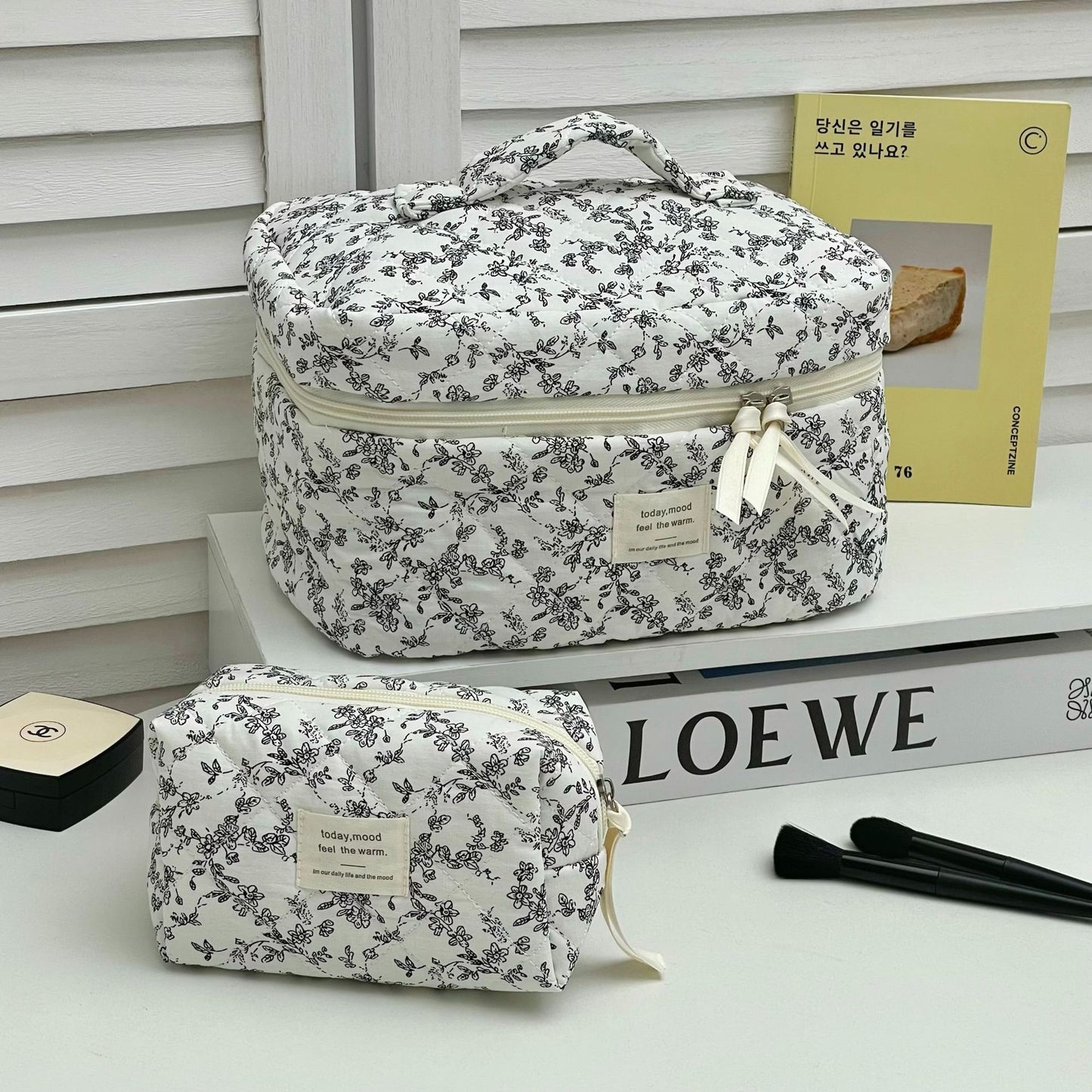 French black and white floral makeup bag