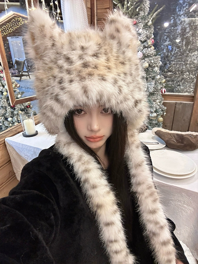 Fox Ears Leopard Pattern Plush Hat